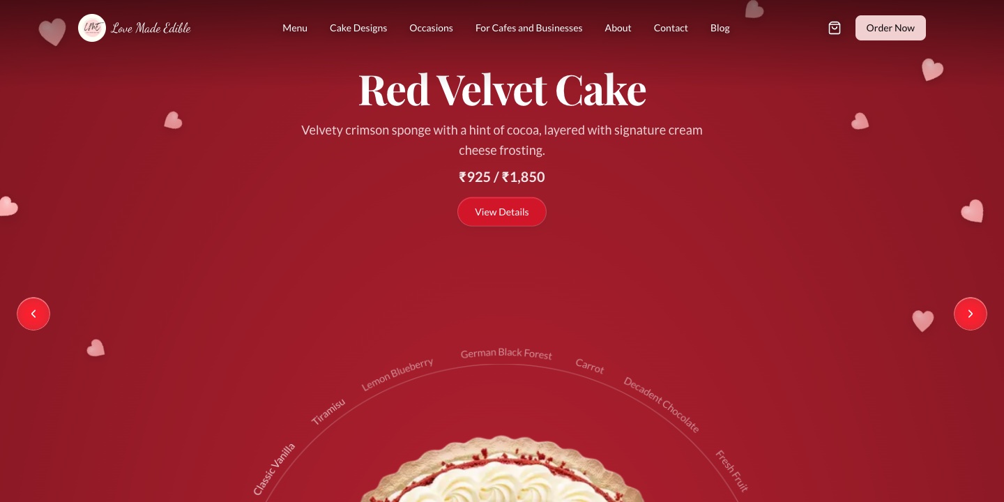 Love Made Edible interactive cake menu showing a red velvet cake